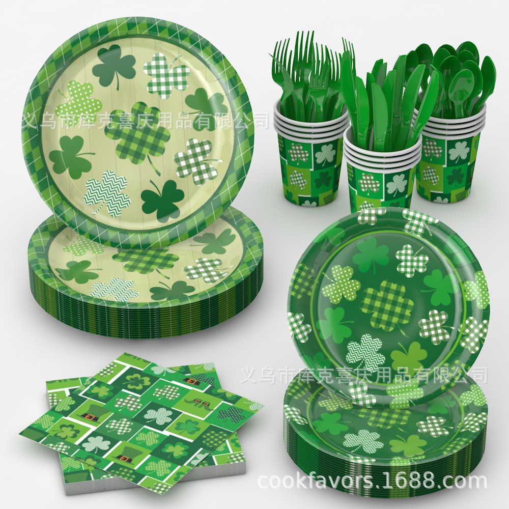 Decoración transfronteriza del día de San Patricio con tema de trébol bandeja de papel desechable tazas de papel toallas de papel set de cubiertos