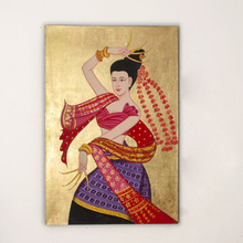 东南亚手绘美女壁画 泰国进口手工金箔画会所酒店玄关装饰油画