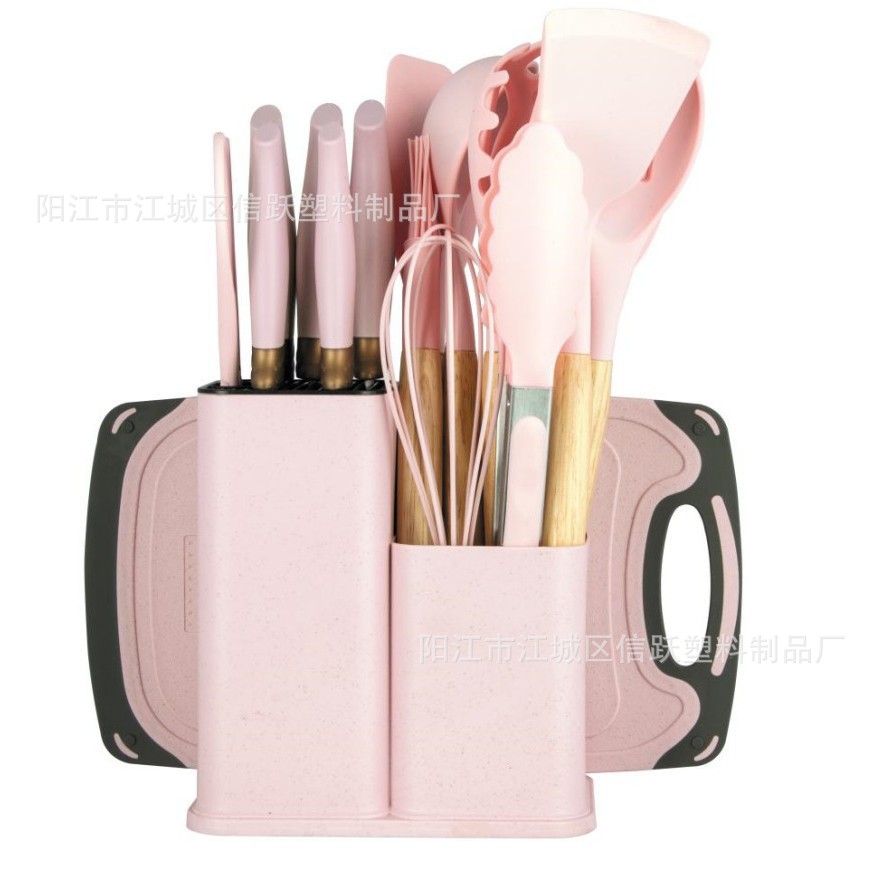Kit de cuchillos de cocina de silicona resistente al calor cuchillos de cocina mango de madera cuchillo de cocina adesivo de silicona blanco rosa regalo de San Valentín
