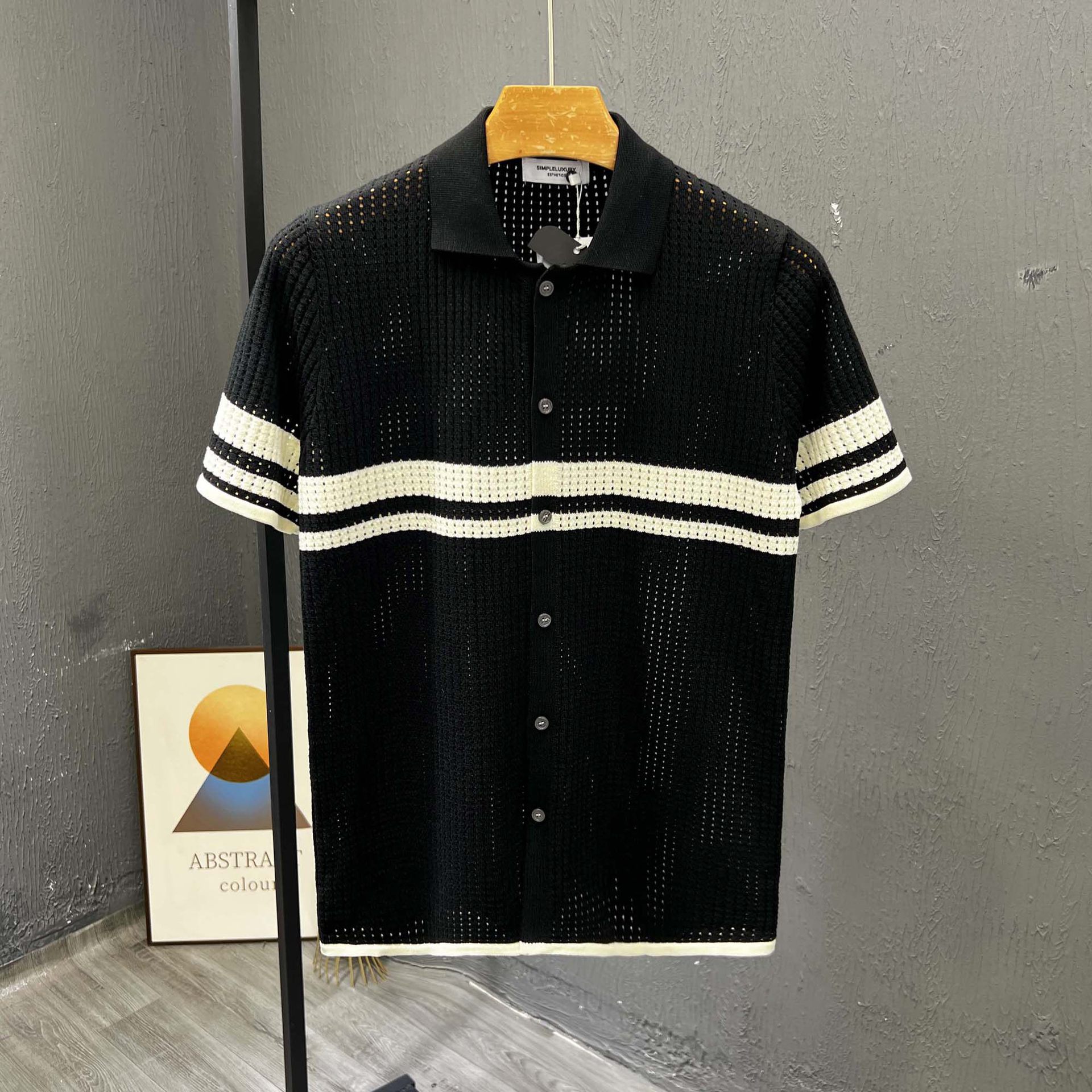 Polo camiseta de punto camiseta de manga corta hombre cardigán agujero rayas viejas camisetas casuales de verano fábrica transfronteriza mayorista