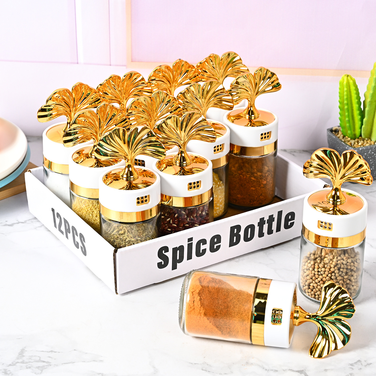 Nueva cocina sellada ginkgo hoja condimento botella hogar frasco de sal vidrio condimento botella condimento caja MSG condimento botella