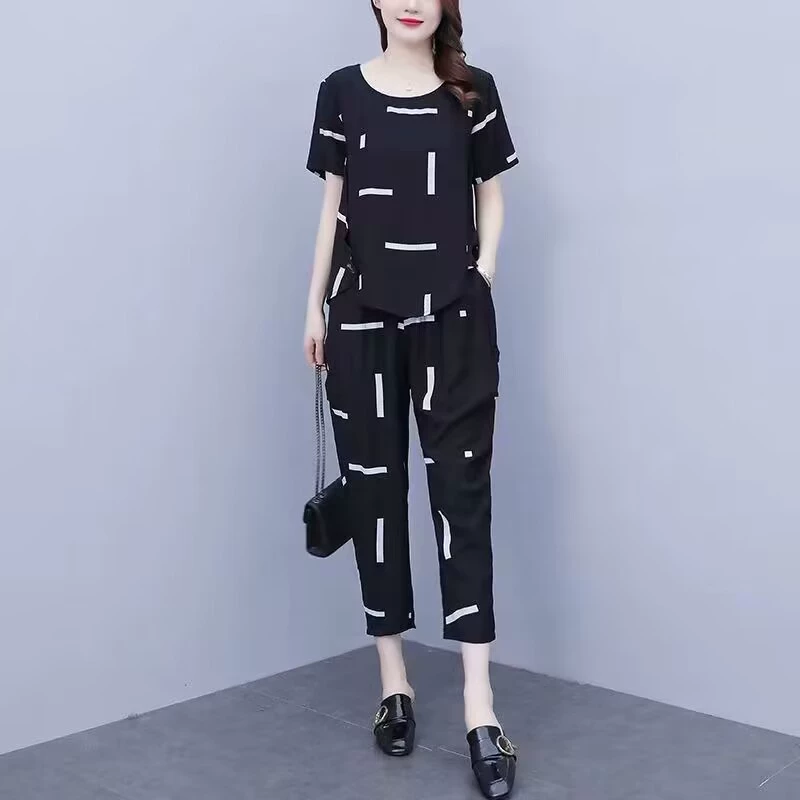 Женская одежда больших размеров, лето 2025, новый стиль, утягивающий костюм для полных мм, свободный повседневный модный костюм, закрывающий живот # 786