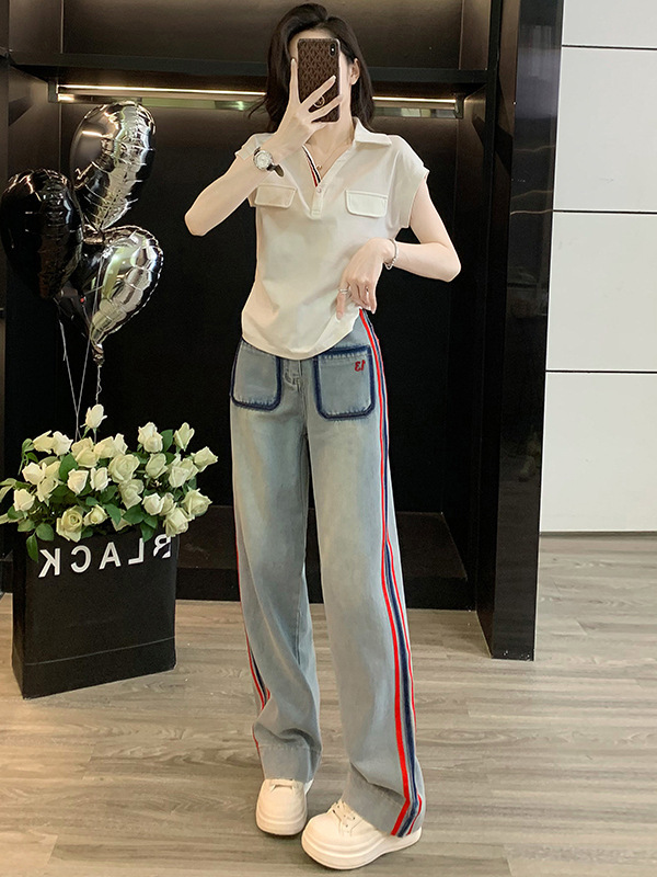 时尚潮流休闲运动套装女夏2025新款无袖衬衫上衣牛仔阔腿裤两件套|undefined