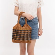 大容量木珠包加工定制手工编织包女海边度假手提包撞色镂空托特包