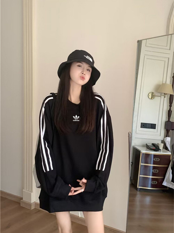 三叶草纯棉长袖卫衣男女春秋季上衣情侣三条杠休闲宽松套头打底衫|undefined