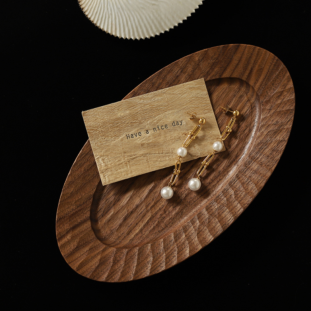 Horseshoe Buckle Pearl Long Chain Stainless Steel Earrings