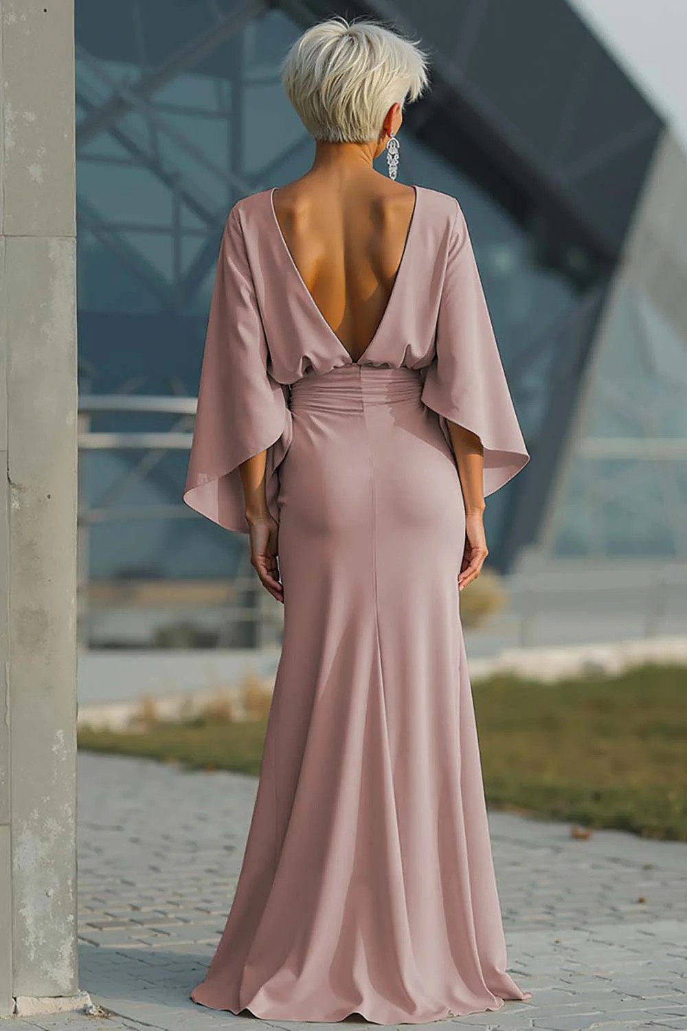 Elegant Backless Pleated Long Dress For Women American Style Slim Fit With Pockets New In Stock_ecoleips.com