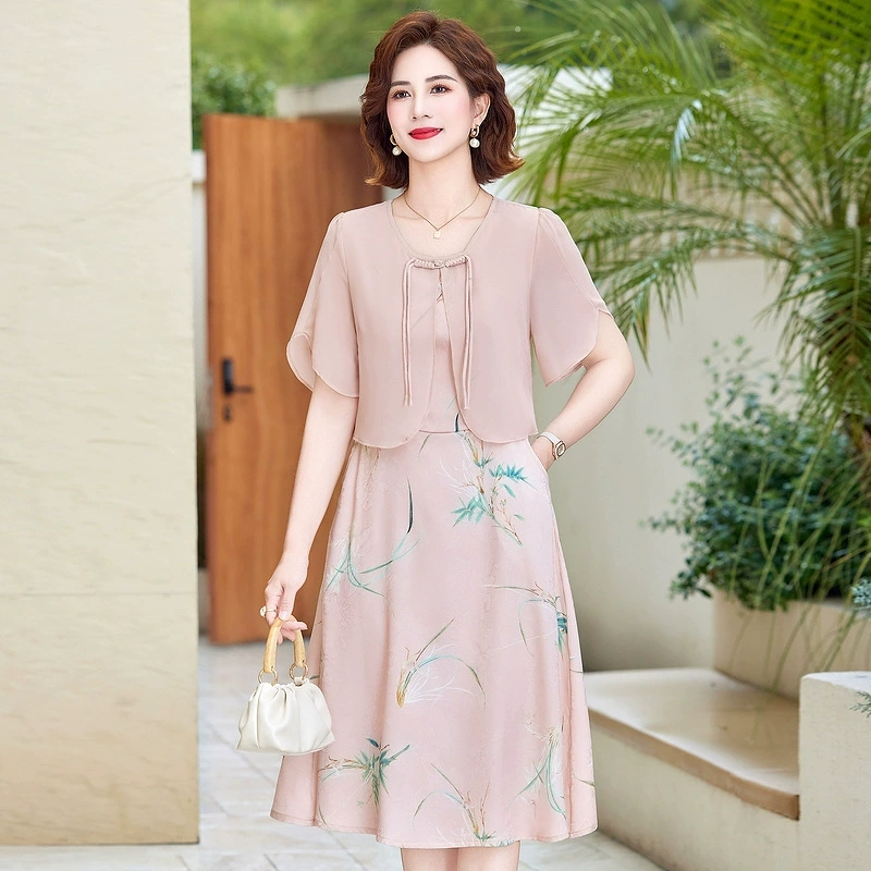 Мама летнее платье благородное платье поддельные две части 2025 новая женщина среднего и пожилого возраста шифоновая юбка