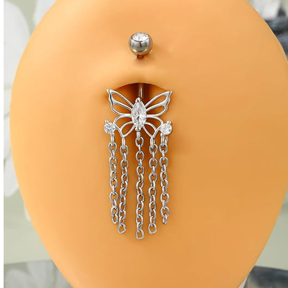 Anello per ombelico curvo in acciaio inossidabile, serie a catena, cuore, zircone, gioielli per piercing in stile street cross-border_voghion.com