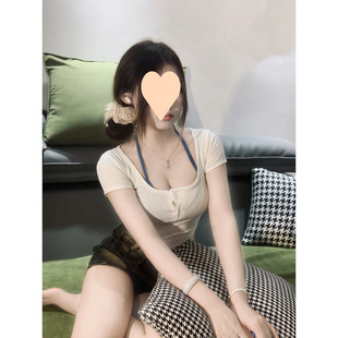 Hot Girl Pure Lust Style Sexy Slim Short-Sleeved Shirt Women's Summer New Short Solid Color Suspender Two-Piece Top