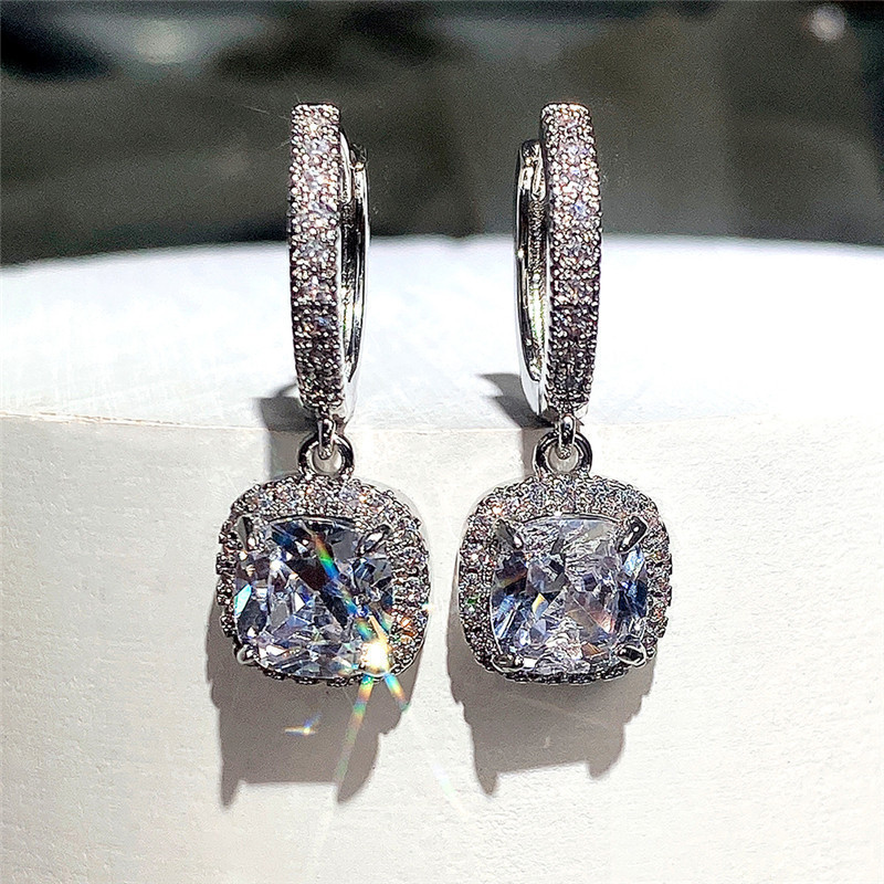 Tk Live Temu New Earrings Wholesale Fashion Brilliant Square Diamond Zircon Women's Earrings Light Luxury Style Commuting Earrings