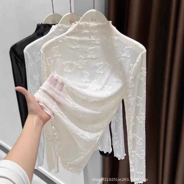 2025 New Style Right Shoulder Lace Bottoming Shirt Autumn and Winter Butterfly Jacquard Half Turtleneck Inner Mesh Top