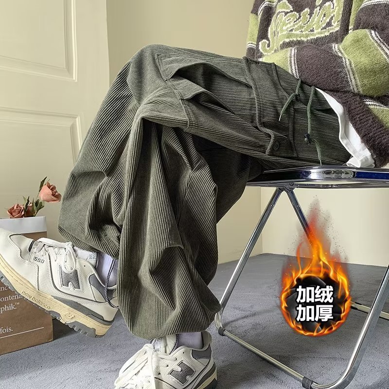 Pantalones de pana para hombre marca de moda americano retro gran bolsillo con pies, monos, pantalones casuales sueltos con cordón de primavera y otoño