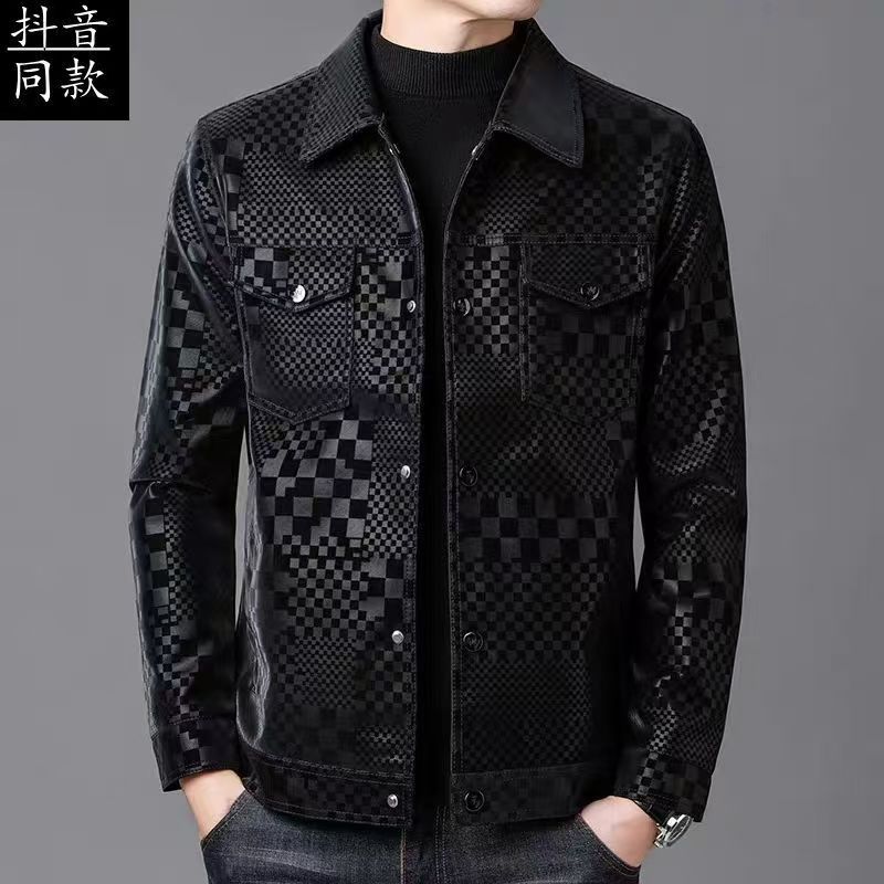 Men's trendy jackets, spring and autumn styles, lapel fashion leather jackets, men's casual coats, plaid trendy tops, Korean style.