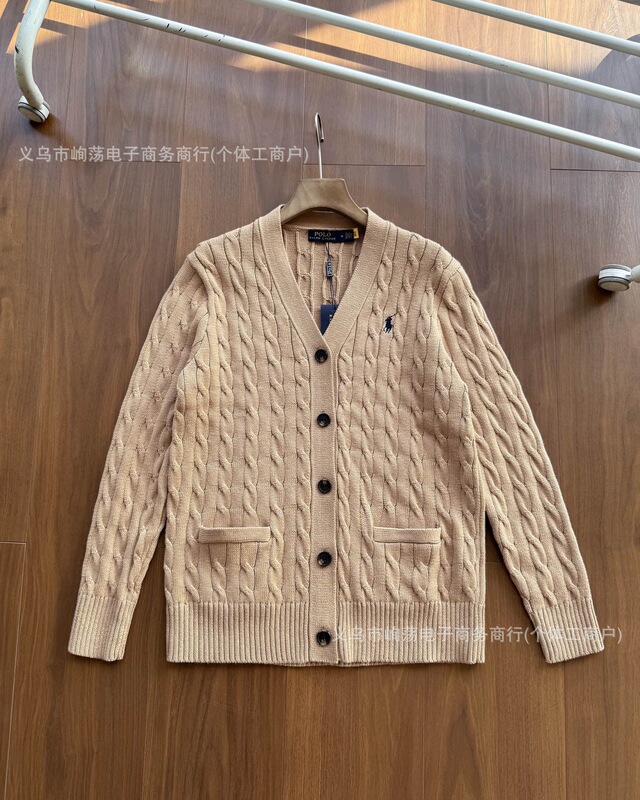 RalphLauren拉夫劳伦四色V领纯色小马刺绣logo麻花针织开衫外套|undefined