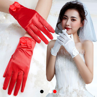 Bridal Gloves Satin Satin Short Retro Wedding Dress Cheongsam Bow Seam Pearl Wedding Jewelry Gloves