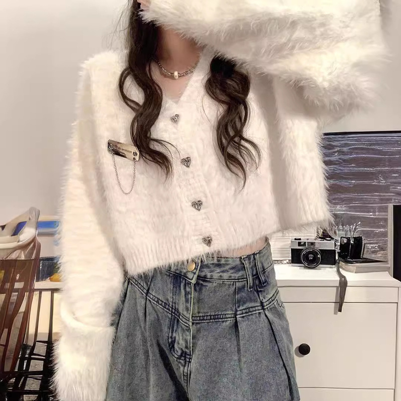 Spring and Autumn Furry Gentle Casual All-match Cardigan Sweater Women's Autumn and Winter Short All-match Loose Soft Waxy Knitted Cardigan