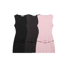 跨境外贸女装2025春季新款百搭休闲气质纯色配腰带无袖短款连衣裙