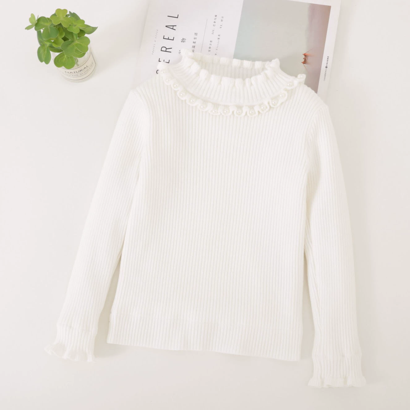 Sweater, fleece colored knitted down jacket from pearl, high collar, for teenagers