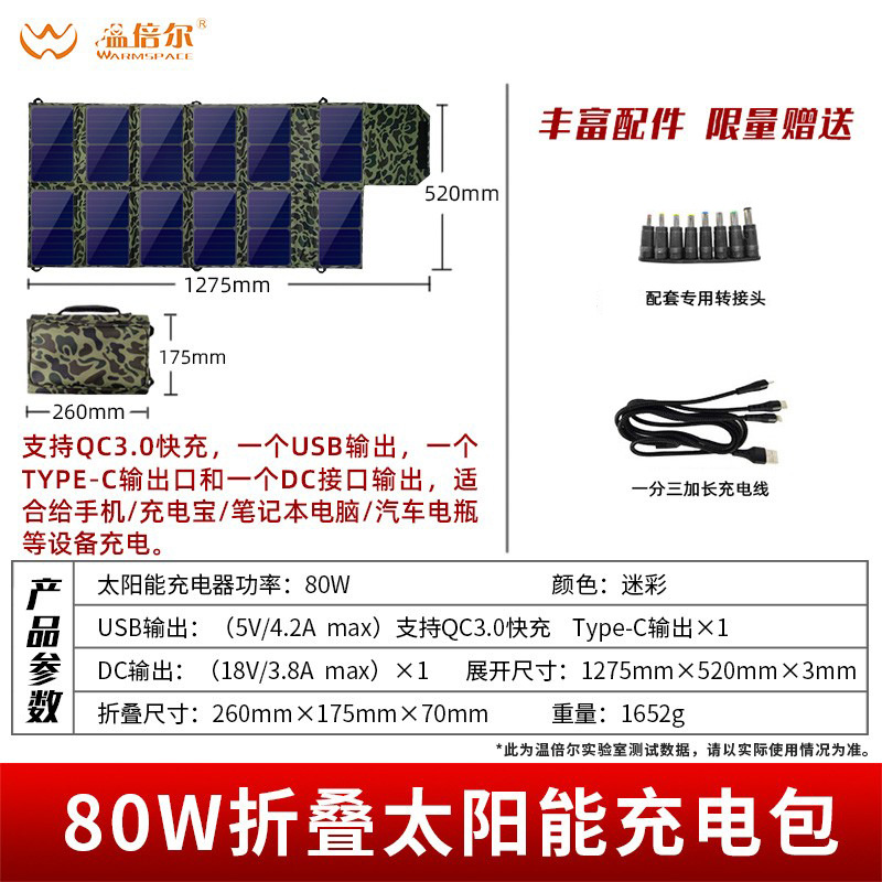 위장 고효율 80W 이중 전압 5V/18V 태양 전지판은 접은 후 A4 용지 크기
