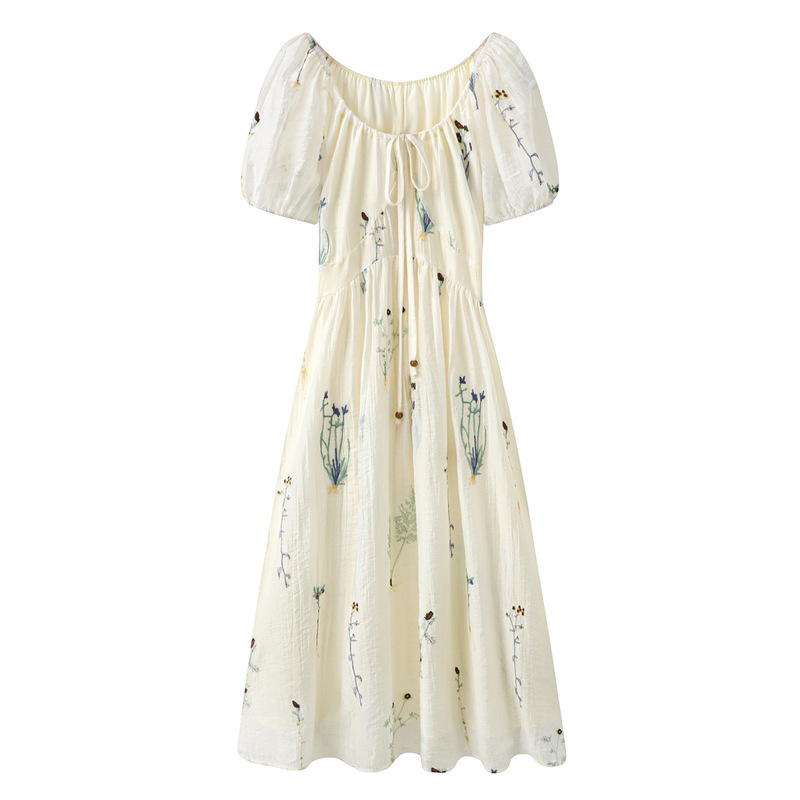 French Retro Style Tencel Dress 2025 Summer New Chic Slim Short-Sleeved Embroidered Skirt