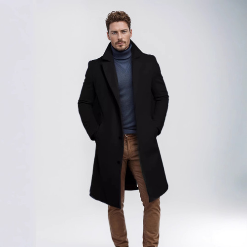 Autumn and Winter Men's Long-Powered Single-Color Wool Coat Warm Youth Wool Material Windbreaker Jacket for Men