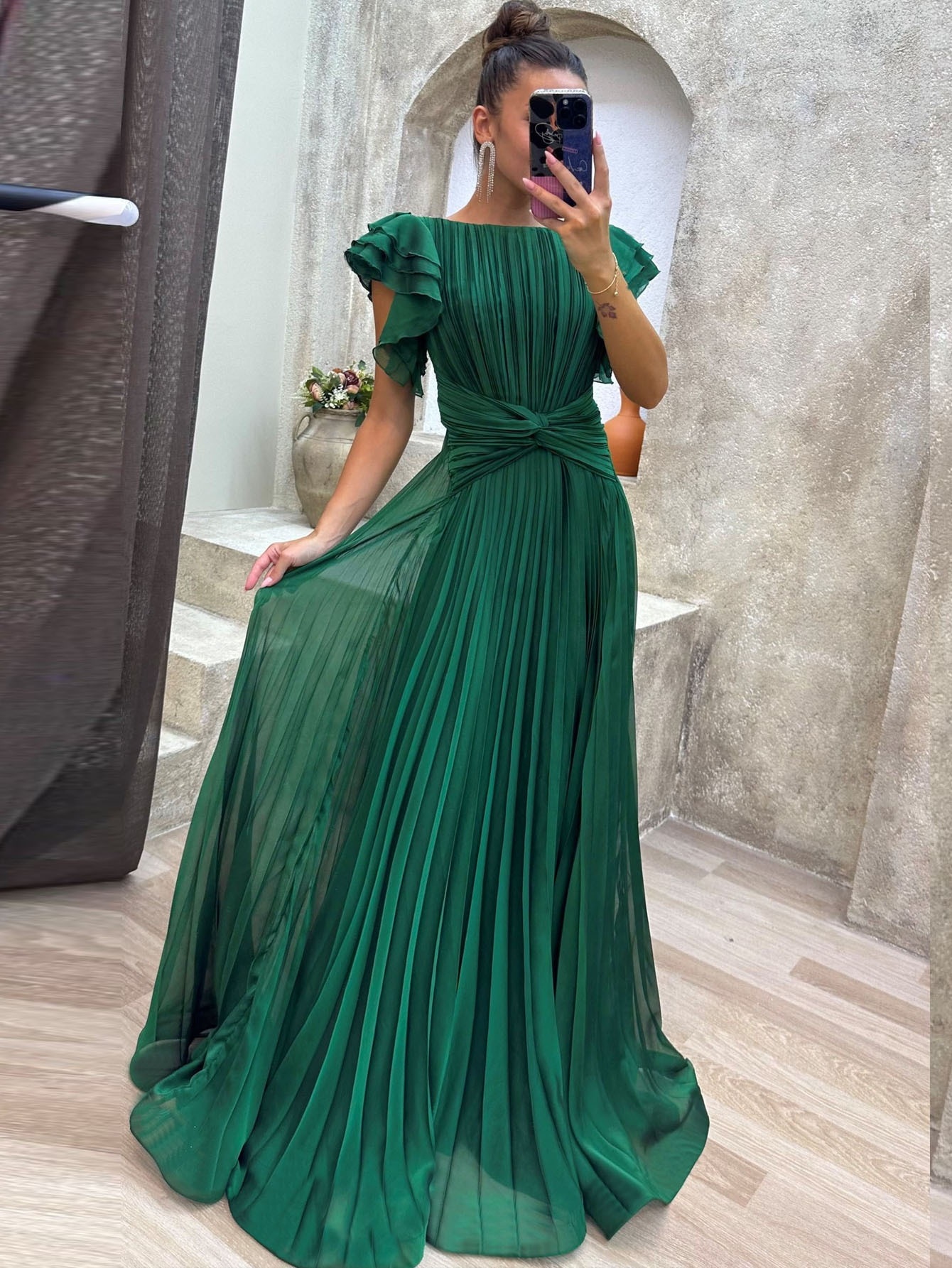 661W New European And American Fashion Women's Mid-Waist Slimming Long Pleated Dress, Large Hem Gown_ecoleips.com