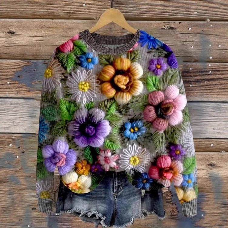 2025 Amazon Cross-Border New Foreign Trade European and American Printed Round-Neck Sweatshirt Imitation Sweater