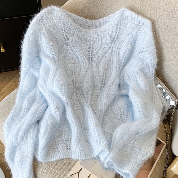 Soft and Fluffy Beaded Blue Sweater for Women, New Spring Design with Hollow-Out Knit, Lazy and Relaxed Style Soft and Fluffy Beaded Blue Sweater for Women, New Spring Design with Hollow-Out Knit, Lazy and Relaxed Style