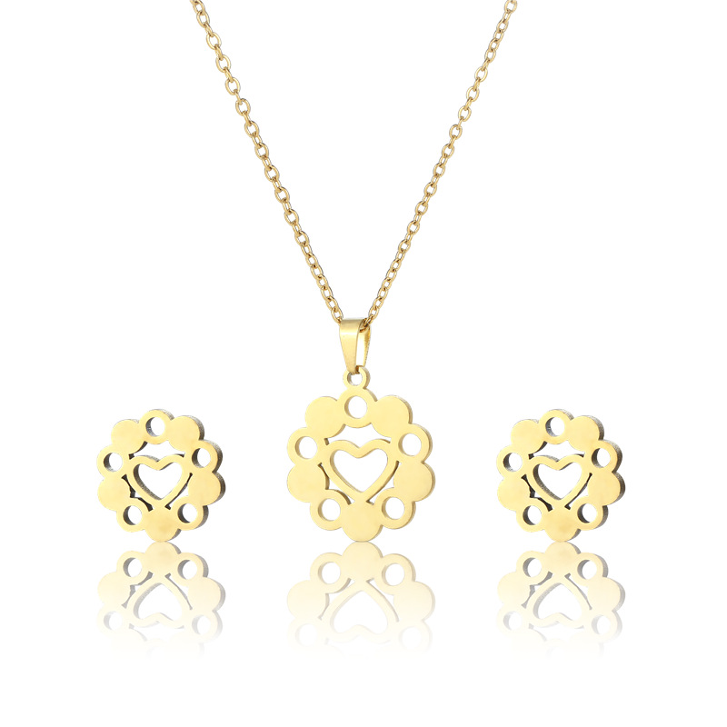 fashion hollow heart-shaped pendant earrings stainless steel necklace set