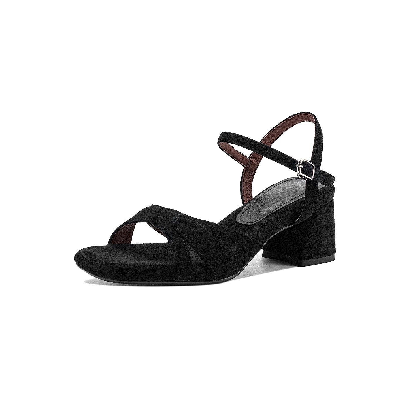 Sandal nữ mũi vuông hở ngón chân da lộn gót thấp quai ngang khóa một dây — màu nâu