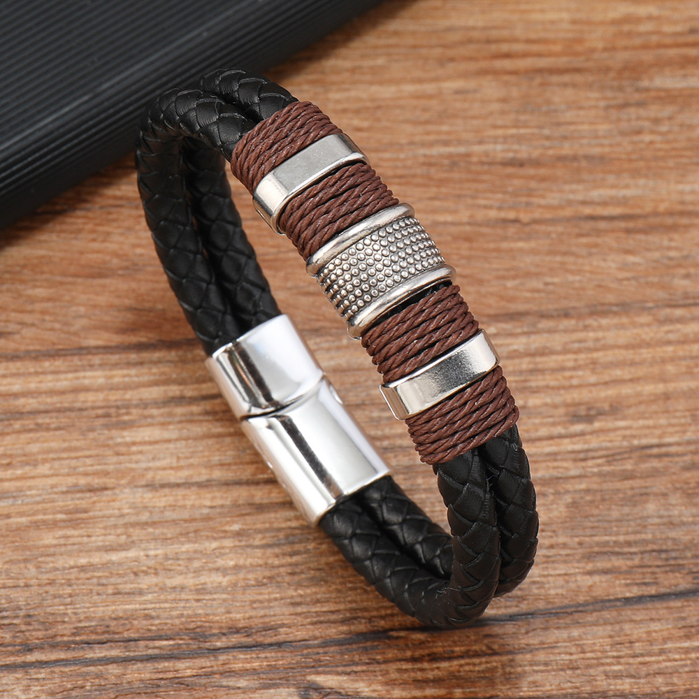 31g Weight Alloy Pendant Material Bracelets Classification Leather Rope Chain Material 1 Piece Quantity Holiday, Daily, Street Occasion Pu Leather, Alloy Material Geometric Pattern Men's Gender Hip-Hop Style Hip-Hop Geometric Pu Leather Alloy Men's Bracelets Men Cord & Leather Bracelets 4