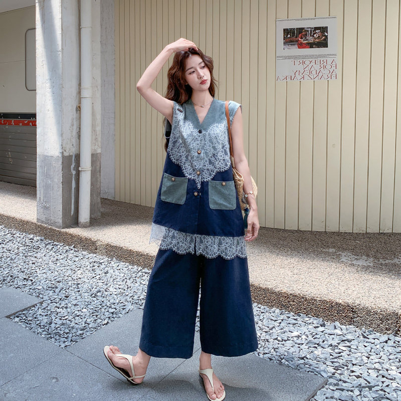 Elegant and Sophisticated Design Set for Women, 2026 Early Summer New Style, Color-Blocking Lace Denim Vest and Wide-Leg Pants Two-Piece Set Elegant and Sophisticated Design Set for Women, 2026 Early Summer New Style, Color-Blocking Lace Denim Vest and Wide-Leg Pants Two-Piece Set