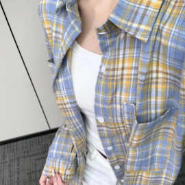 黄蓝格子衬衫女早秋磨毛上衣格纹衬衣男美式复古中性外套工厂批发