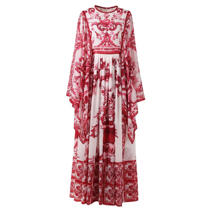 XXXL Cross-Border Women's Round Neck Hemmed Chiffon Silk Dress with Positioning Printed Square Scarf Sleeves Red Flower Porcelain Long Skirt