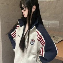 美式撞色条纹立领卫衣少女大童春秋初中高中学生开衫夹克上衣外套