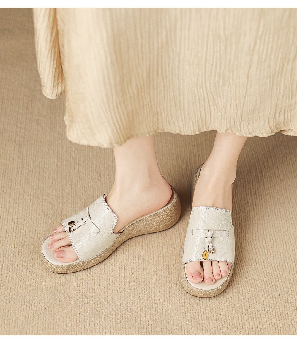 Dép sandal nữ xỏ ngón đế bệt da dê đế dày mùa hè — màu trắng ngà chi tiết 18