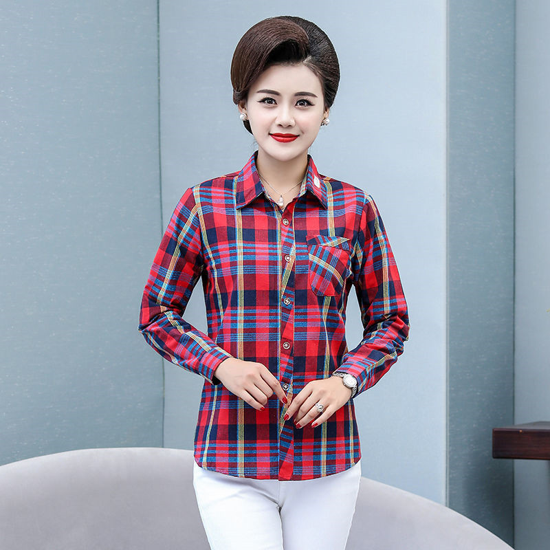 2024 Spring Casual Plaid Women's Lel Women's Shirt Middle-aged and Elderly Cardigan Mother's Small Long-sleeved Top for Women