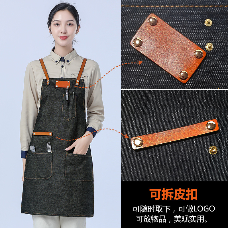Delantal de lona gruesa estilo coreano nuevo suave pu cuero Cruz Correa barista ropa de trabajo Denim delantal al por mayor