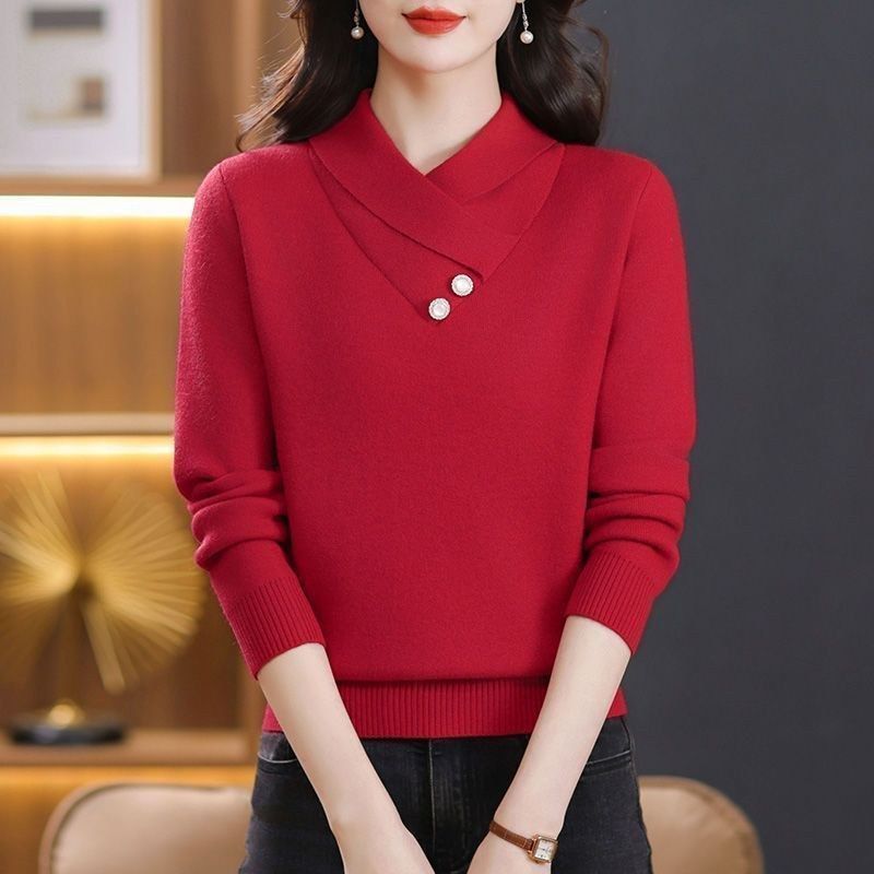 交叉领加厚毛衣女2025年新款秋冬季妈妈装洋气内搭高档针织打底衫|undefined