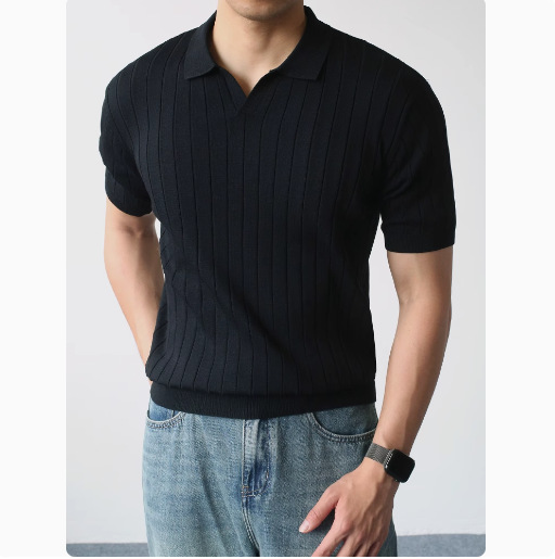 Camisa POLO suéter de manga corta con cuello en V para hombre, rayas verticales, negocios británicos, delgado, seda de hielo de verano, comercio exterior, venta al por mayor transfronteriza image 8