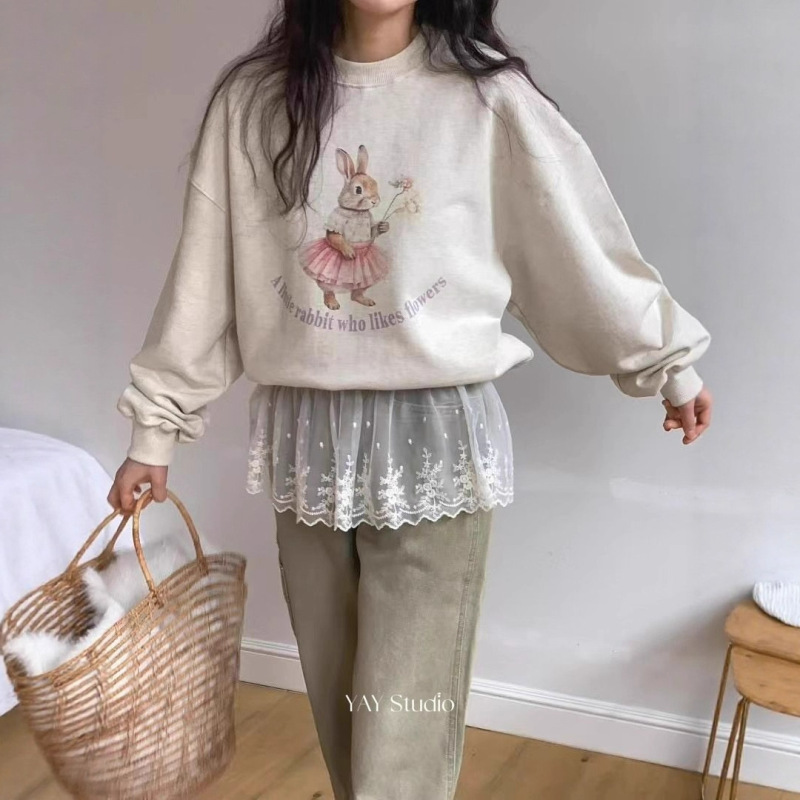 慵懒风宽松套头加厚卫衣女秋冬新款韩系卡通小兔长袖圆领无帽上衣|undefined
