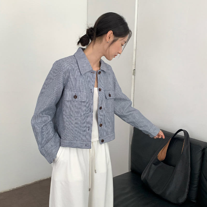 Tg Accent Striped Linen Jacket Work Jacket Women's 2025 Autum New Buttoned Lapel Top 25769