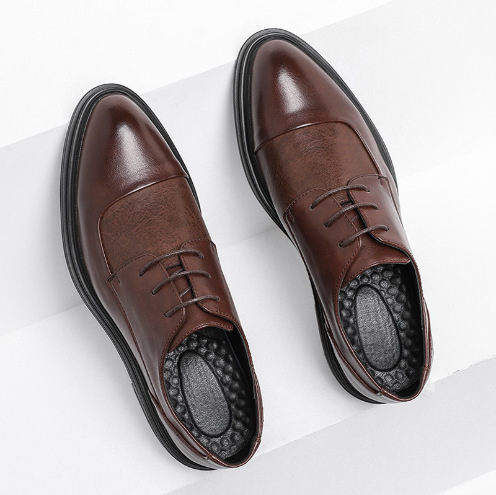 New Men's Pointed-Toe Leather Shoes Korean Style Trendy Formal Business Casual Large Size British Lace-Up Leather Shoes Men's Wedding Shoes