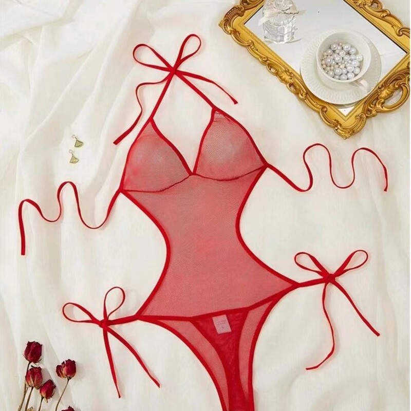 New European and American Style Lace Lingerie T-Pants with Sheer Temptation Nightgown, Sexy Slim-Fit Strappy Bodysuit