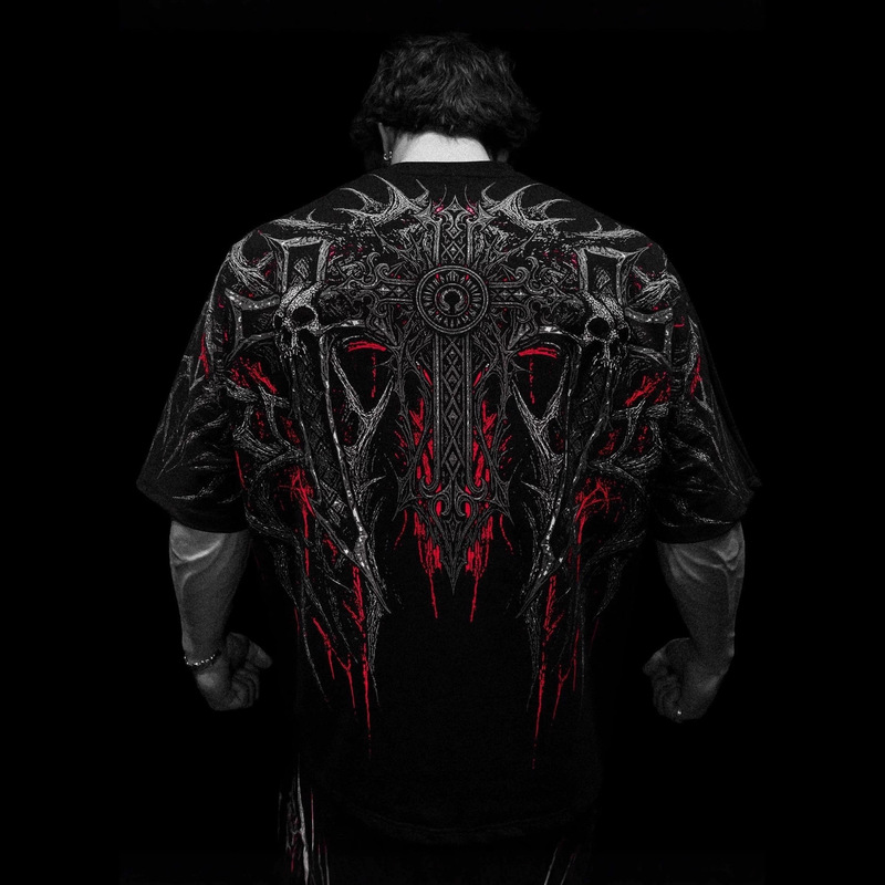 Breathedivinity Fitness Short-Sleeved Men's Gothic Dark Style Loose Large Size T-Shirt American Retro Trendy Brand