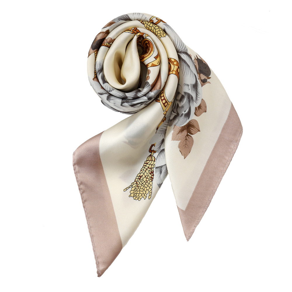 Sencillo y generoso 70 bufanda de seda de imitación, estilo floral de cadena, decoración de cuello de todo fósforo, bufanda de seda pequeña, chal de protección solar para mujer