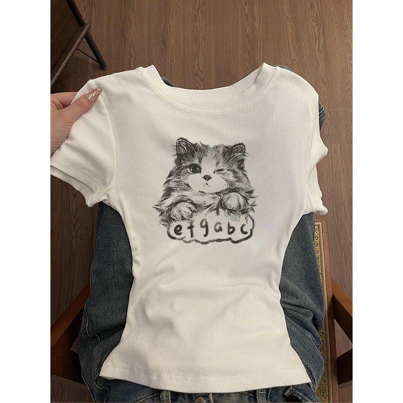 Cartoon cat print white short-sleeve t-shirt for women, summer thin style, sweet and spicy girl slim-fit cropped top Cartoon cat print white short-sleeve t-shirt for women, summer thin style, sweet and spicy girl slim-fit cropped top