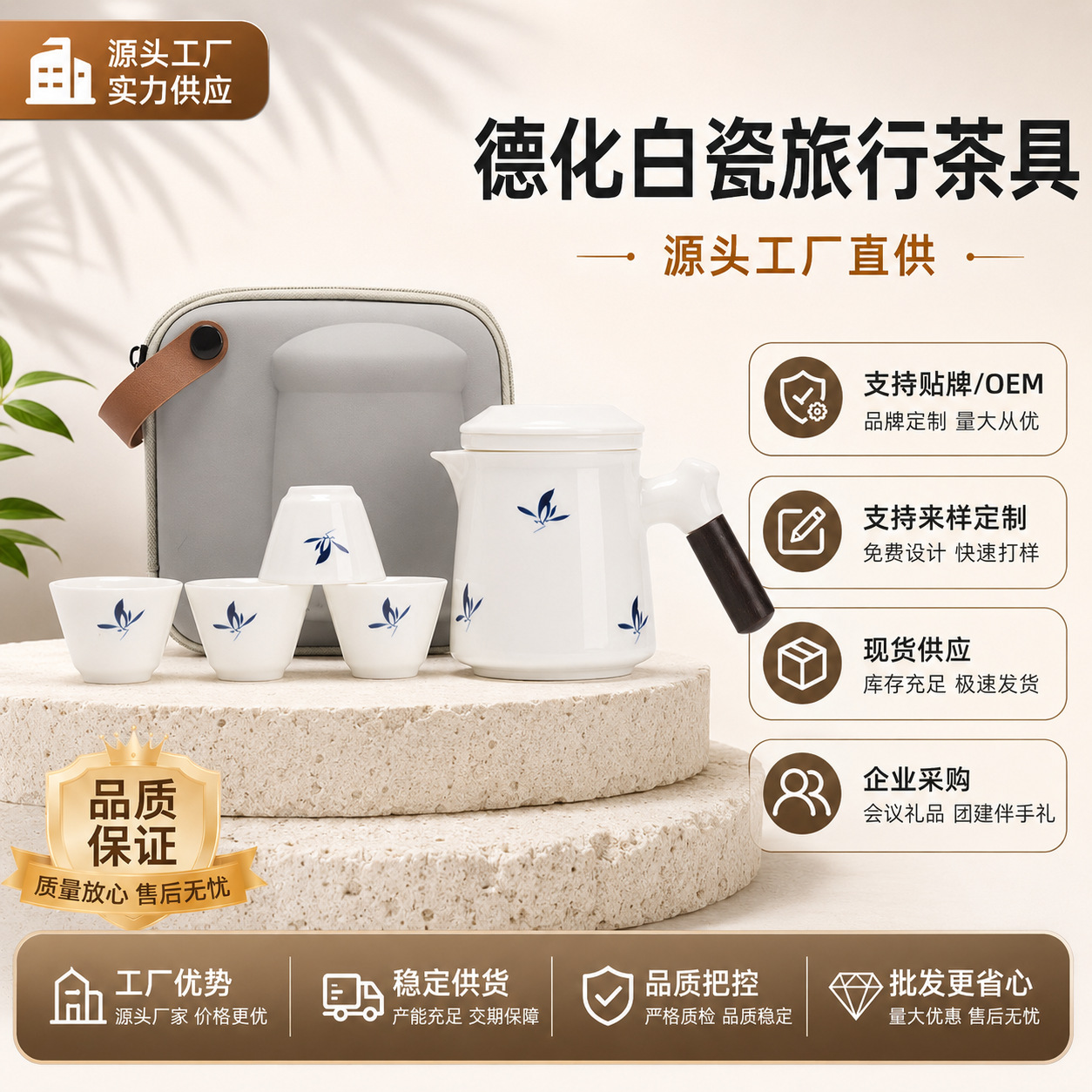 Dehua White Porcelain Travel Tea Set with One Pot and Four Cups, Portable Outdoor Tea Brewing Set, Business Event Gift