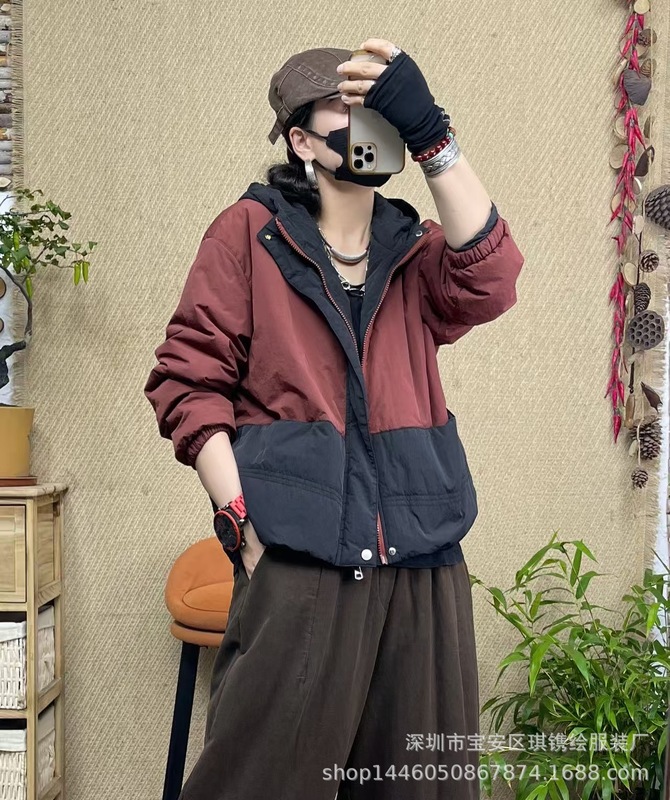 琪镌绘制棉服女冬季新款棉衣韩版宽松连帽拼接松紧袖口小棉袄外套|undefined